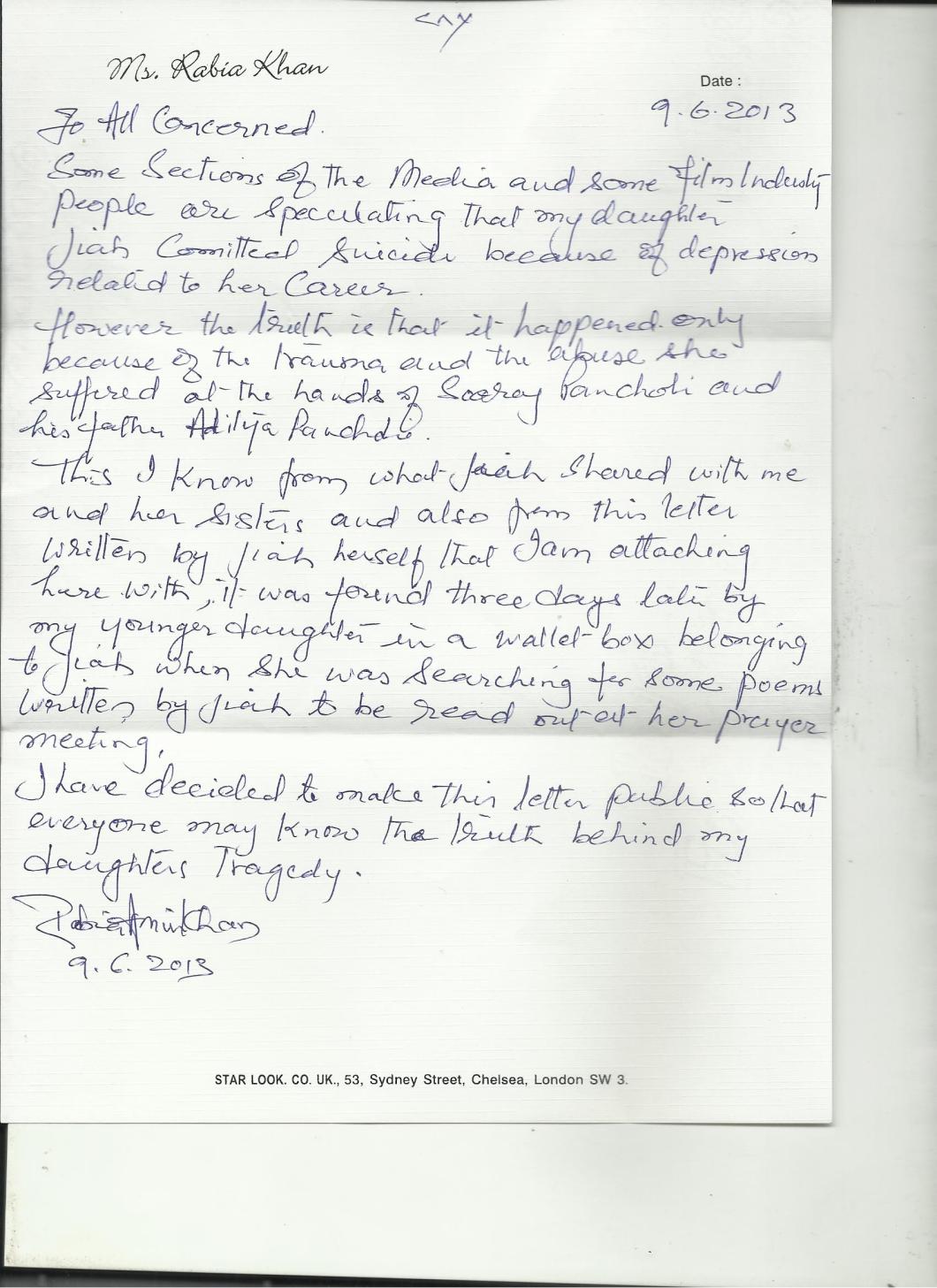 Jiah Khan's mother, Mrs.Rabia Khan's note to the media