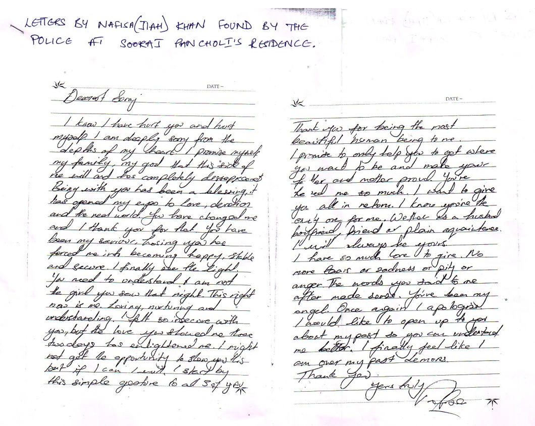 Letter written by Nafisa to Sooraj